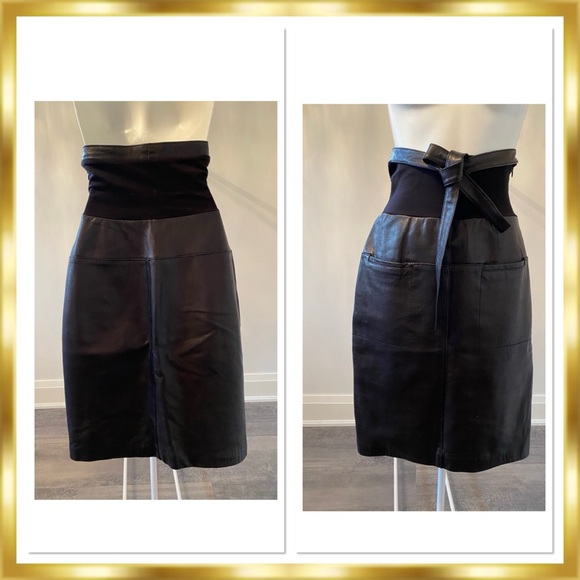Lamb-Leather High Waist Black MIDI Skirt XS